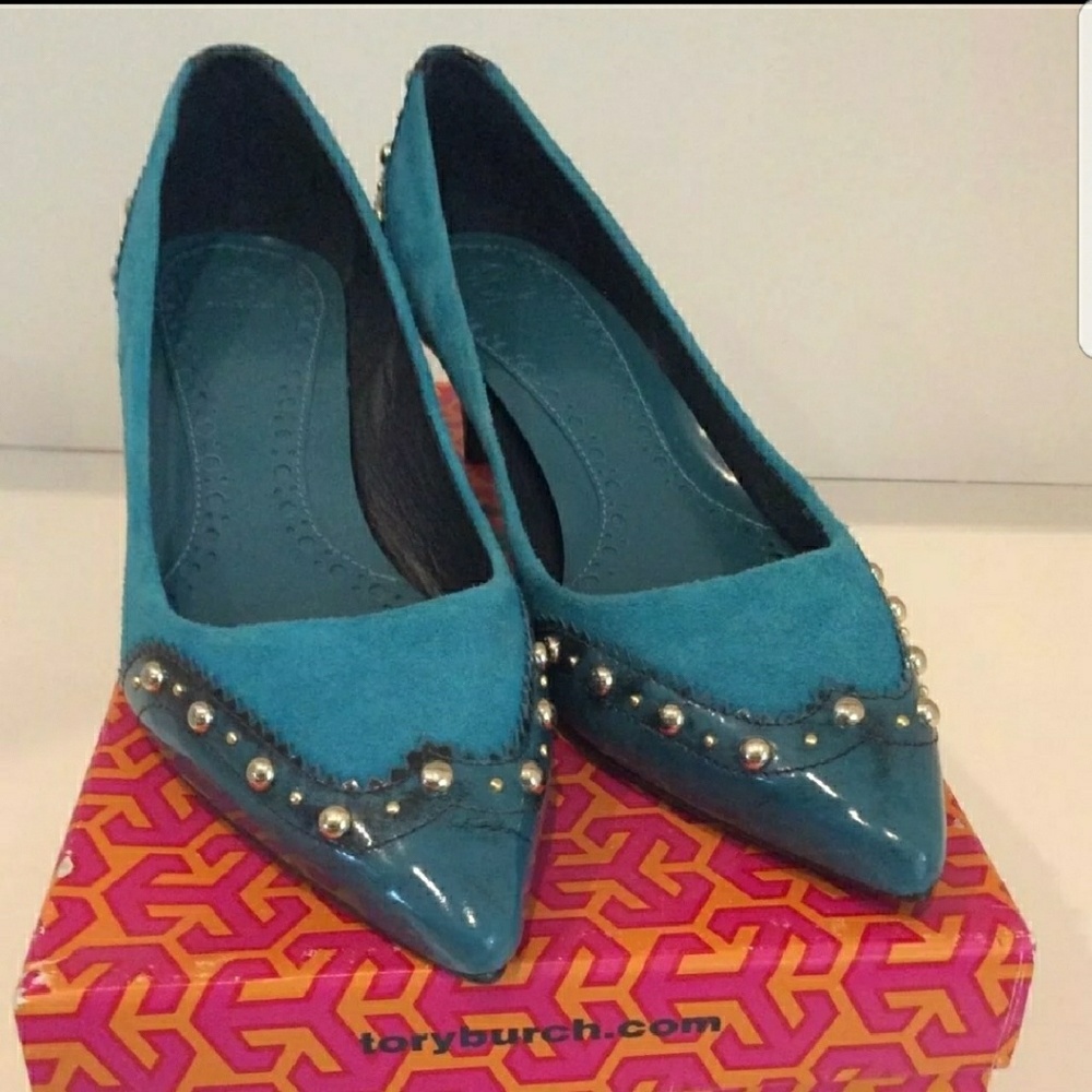 Tory Burch Teal Noelle Kitten Heels